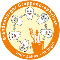 Logo-Gruppenprophylaxe Das Logo der Brandenburger Gruppenprophylaxe, sechs Zähne in einem Kreis mit verschiedenen Gesichtsausdrücken. Darunter der Text "Tolle Zähne - na logo!"